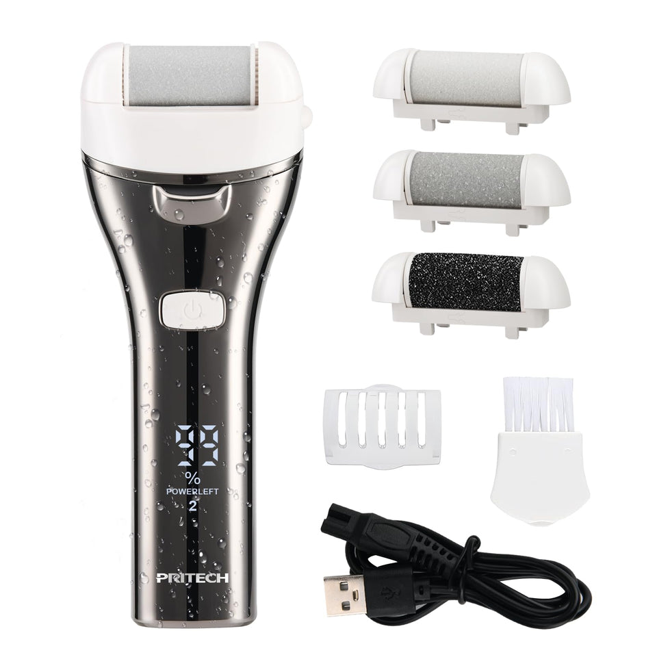 PRITECH front view showing compact rechargeable foot callus remover and ergonomic grip for safer control