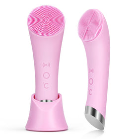 PRITECH front view of pink facial brush showing compact design and controls