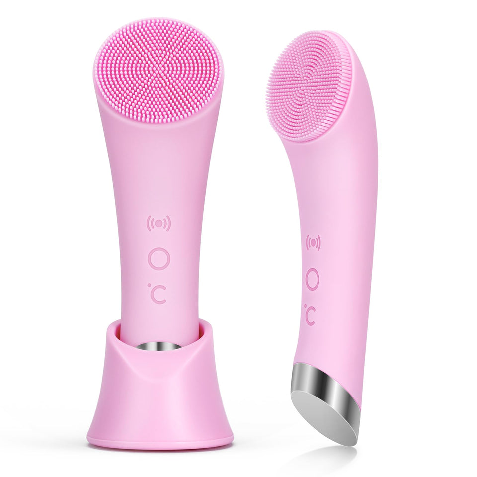 PRITECH front view of pink facial brush showing compact design and controls