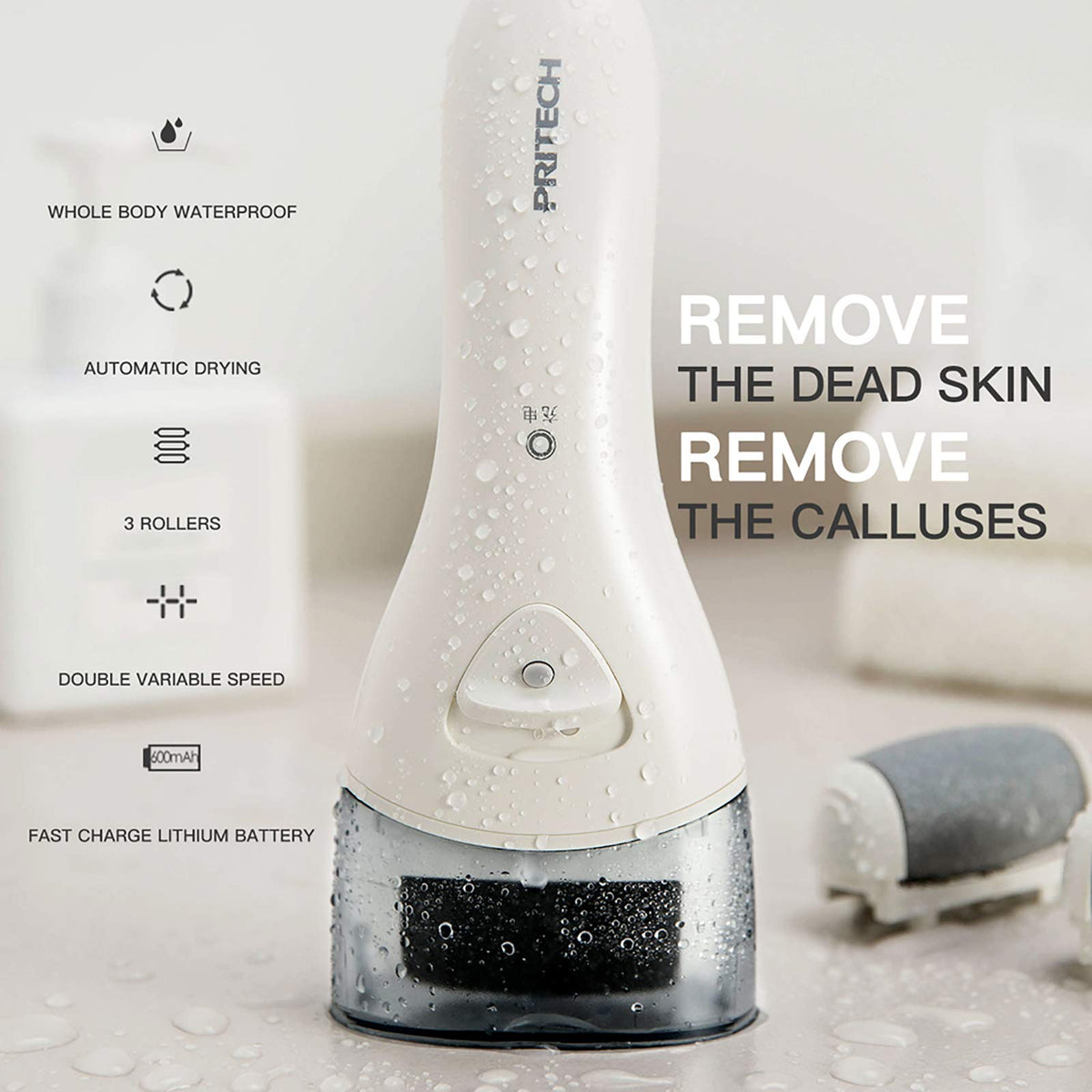 PRITECH held in hand to show size and precise control for gentle callus removal