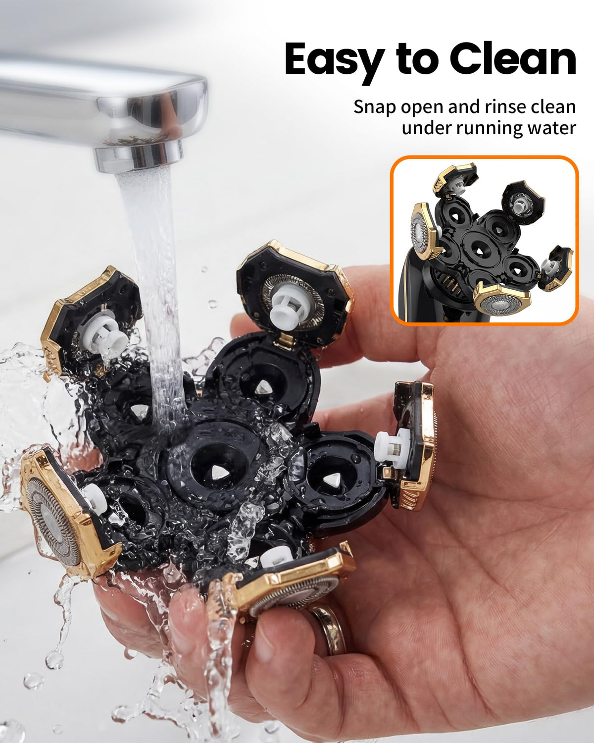 PRITECH shaver being rinsed under faucet showing water-resistant convenience