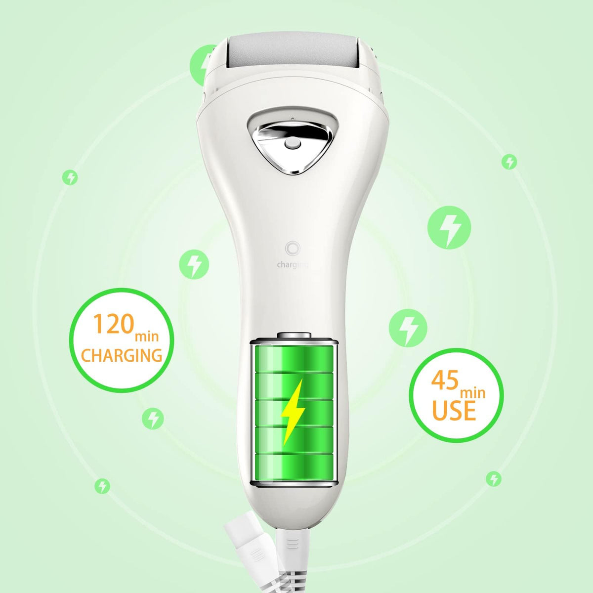 PRITECH LED light illuminating heel area for accurate dead-skin targeting