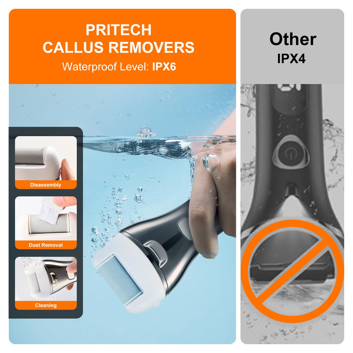 PRITECH held in hand to show scale and portability for travel-friendly at-home pedicure