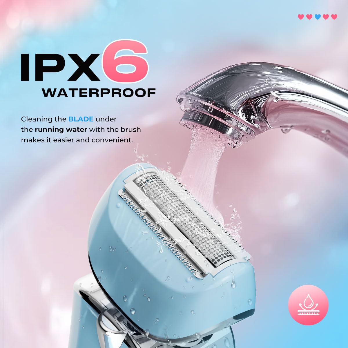 PRITECH razor being rinsed in shower showing waterproof wet/dry convenience