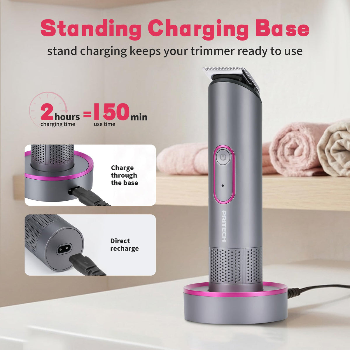 PRITECH trimmer held in hand for size comparison showing compact travel-friendly design