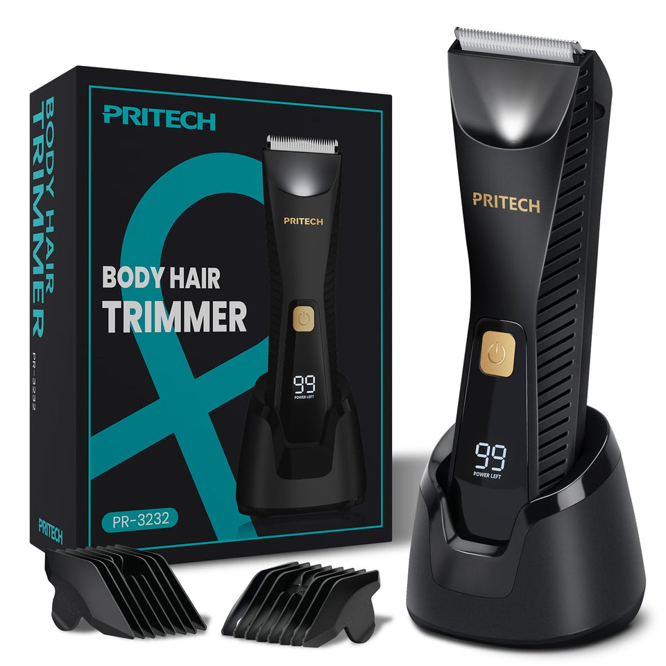 PRITECH trimmer front view showing sleek design and ergonomic grip for comfortable handling