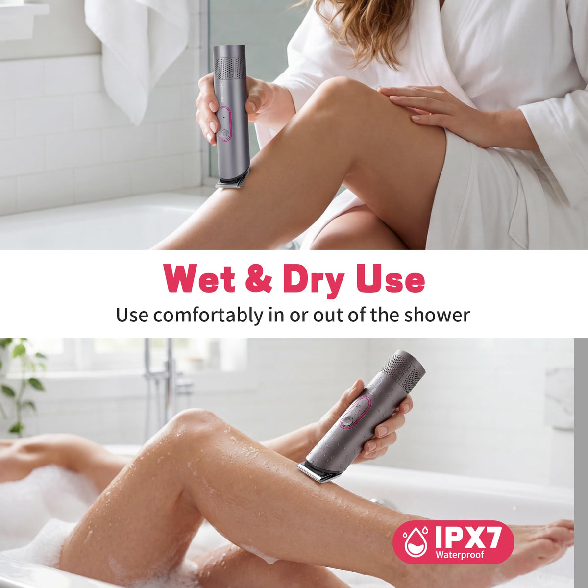 PRITECH trimmer used in shower illustrating IPX7 waterproof cleaning convenience