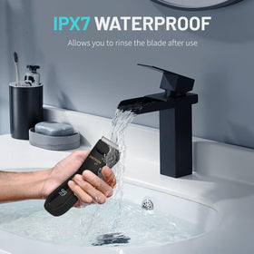 PRITECH trimmer being used in a shower to show waterproof wet/dry grooming capability