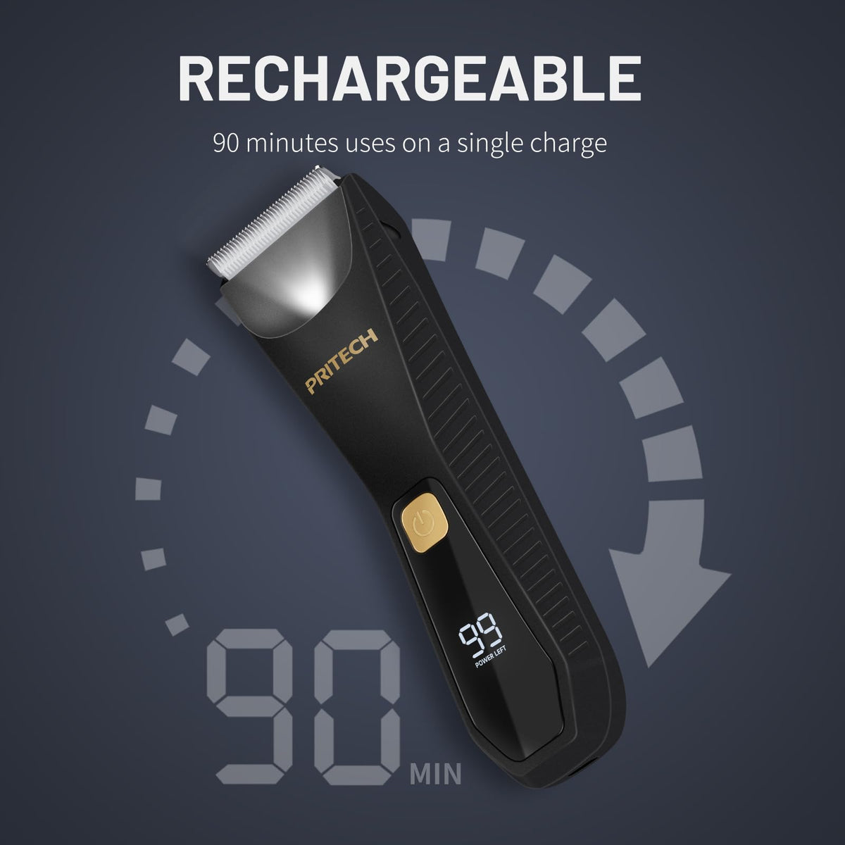 PRITECH trimmer seated on standing charging base for tidy USB-C charging and upright storage