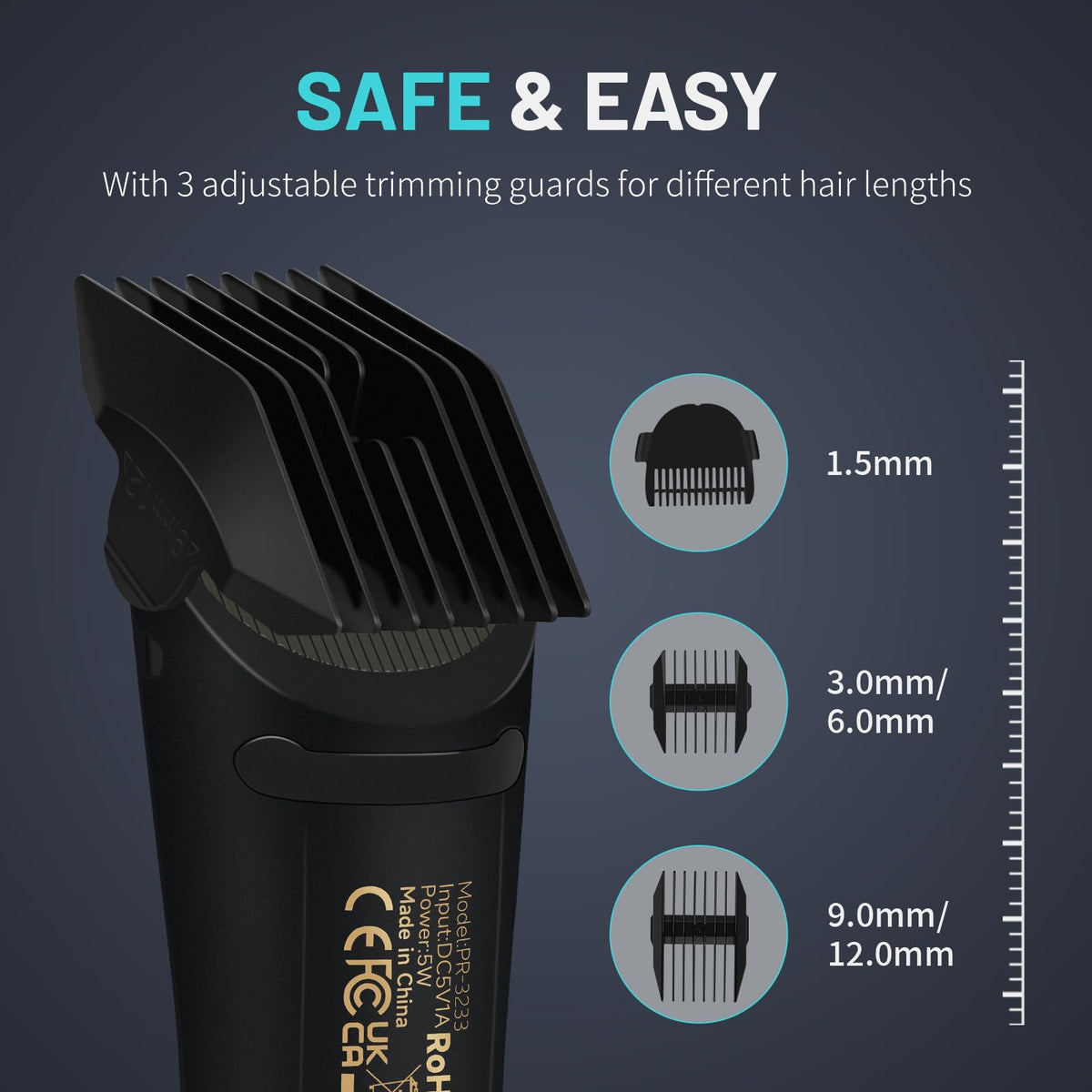 PRITECH trimmer with three comb attachments arranged to show five adjustable length options