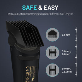 PRITECH trimmer with three comb attachments arranged to show five adjustable length options