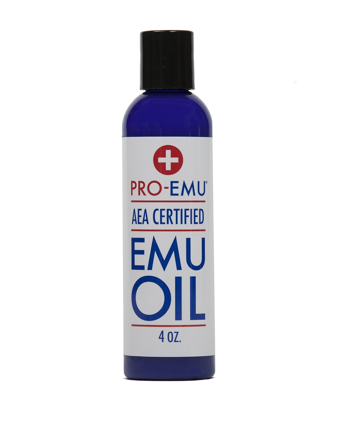 Pro Emu 4 oz bottle front view showing label and pure emu oil benefits