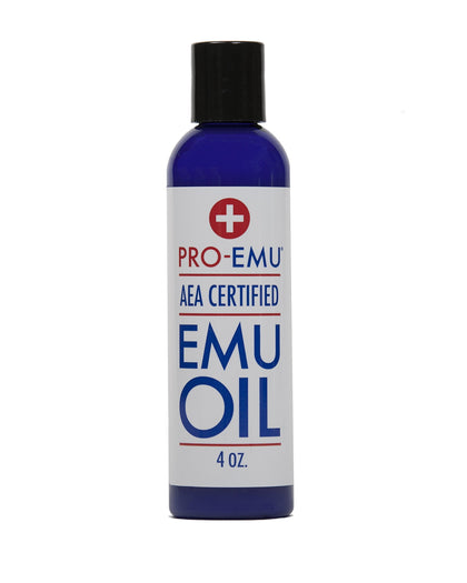 Pro Emu 4 oz bottle front view showing label and pure emu oil benefits