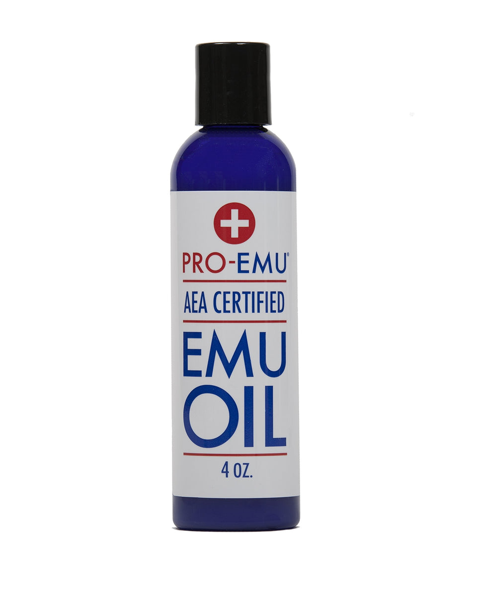 Pro Emu 4 oz bottle front view showing label and pure emu oil benefits