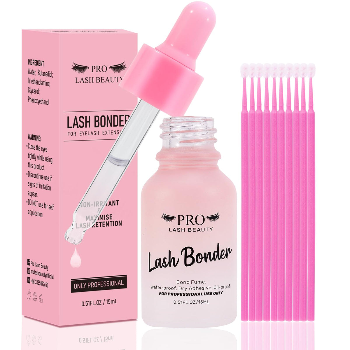 PRO LASHBEAUTY front packaging showing bottle and included cotton swabs for professional use