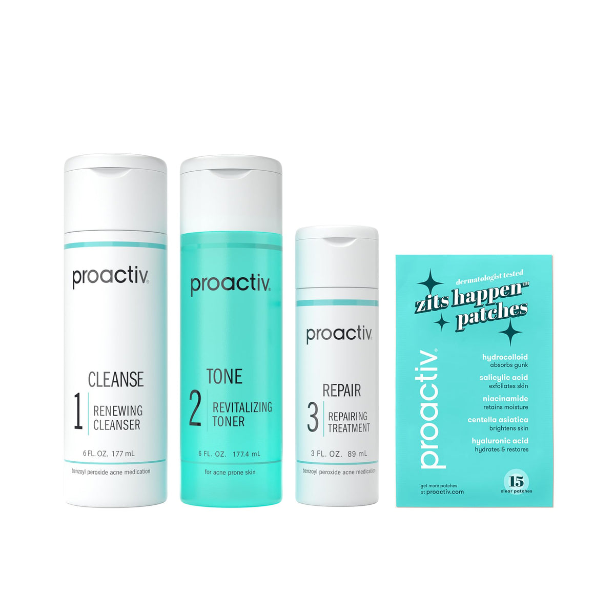 Proactiv front packaging showing the complete 3-step kit and patches for easy routine