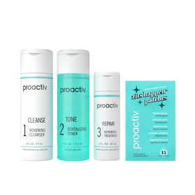 Proactiv front packaging showing the complete 3-step kit and patches for easy routine