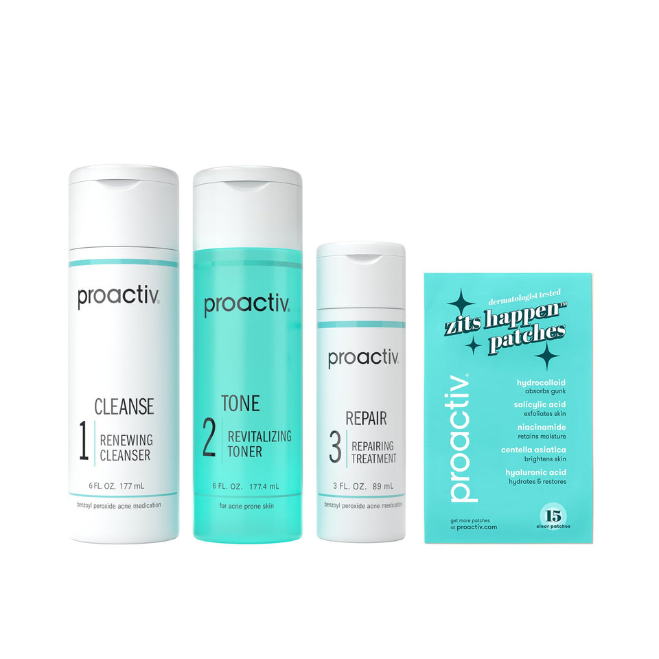 Proactiv front packaging showing the complete 3-step kit and patches for easy routine