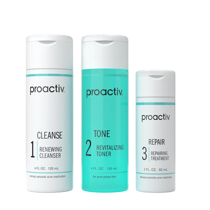 Proactiv front packaging of 3-step kit showing all included products and benefits