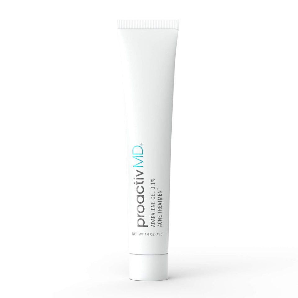 ProactivMD adapalene gel front packaging showing tube and label, clear product ID benefit