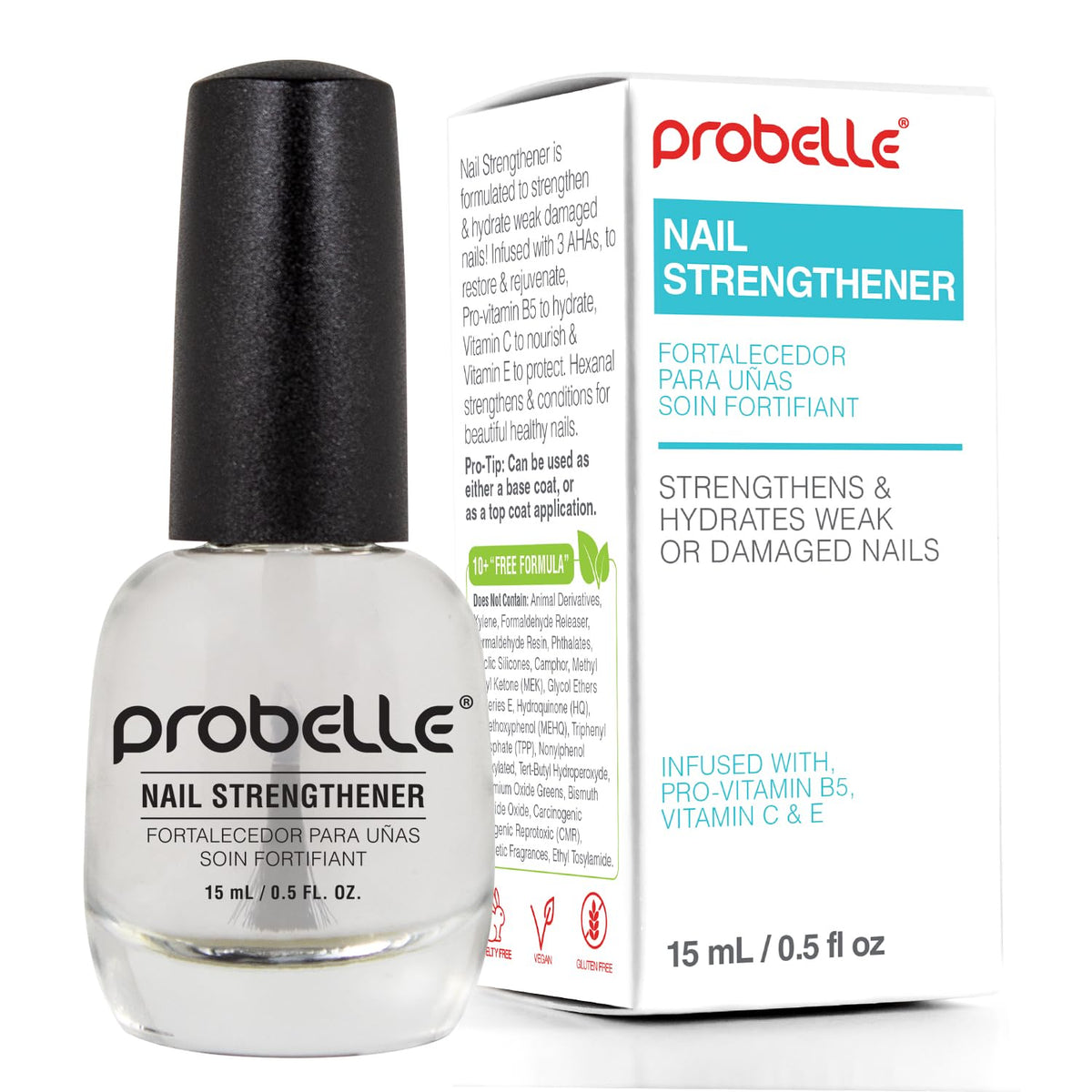 Probelle front packaging clear bottle showing glossy finish benefit