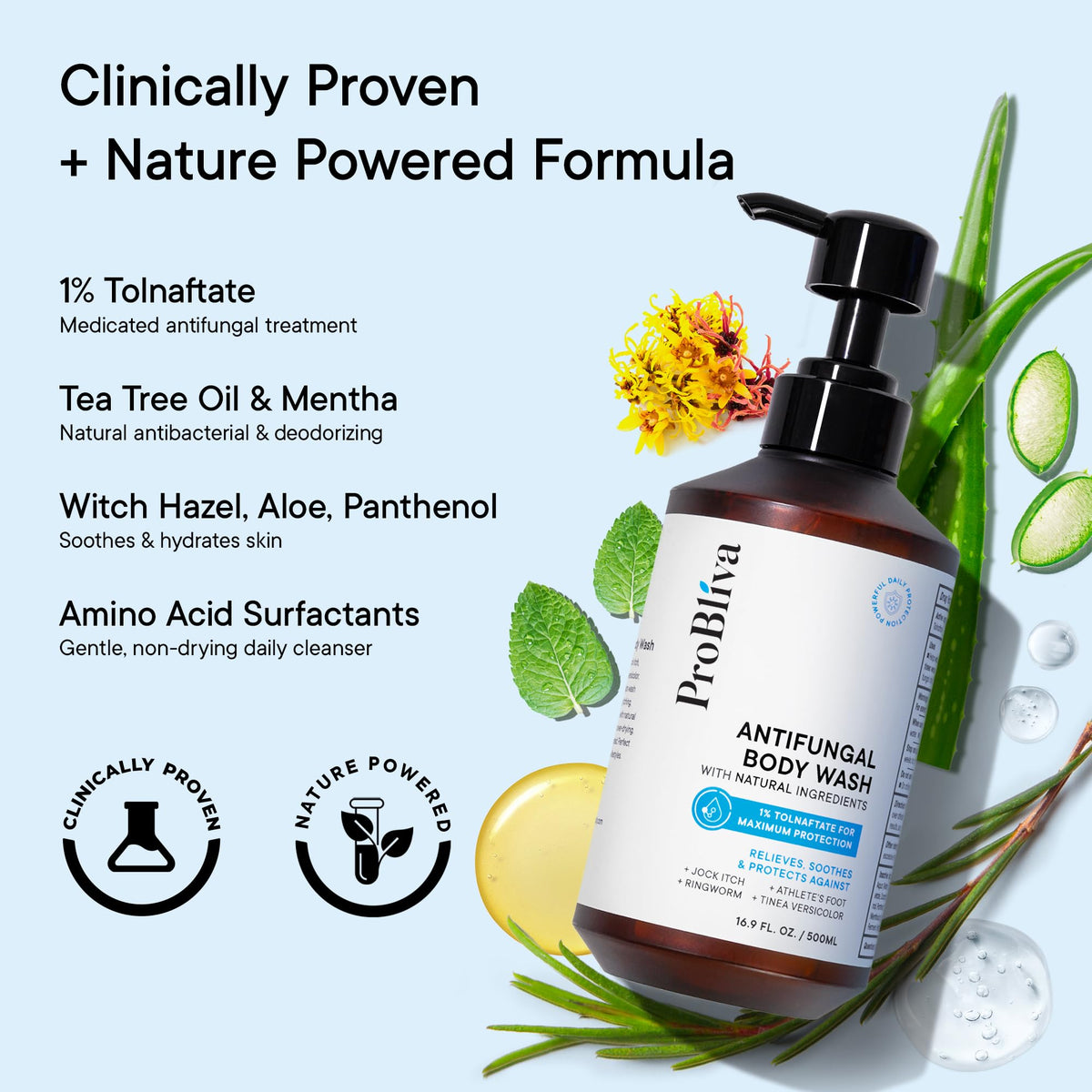 ProBliva ingredient label with tolnaftate and tea tree benefits