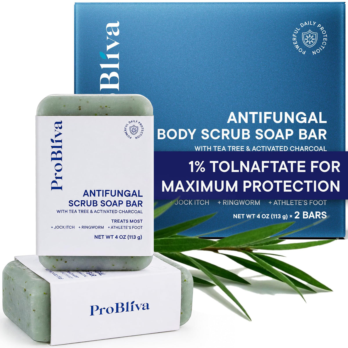 ProBliva front packaging showing two antifungal soap bars and label benefits