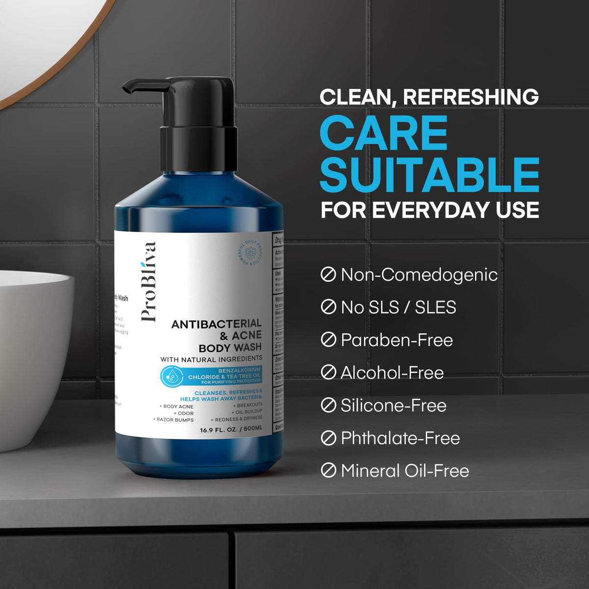 ProBliva in-shower use on back area showing effective cleansing of hard-to-reach spots