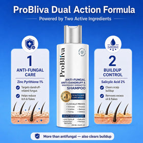 ProBliva shampoo in bathroom setting conveying an easy daily routine benefit