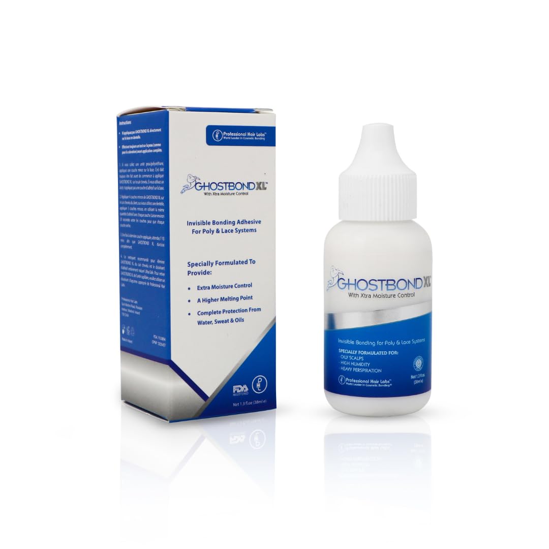 Professional Hair Labs GHOSTBOND XL dropper applying adhesive to base for precise control and neat edges
