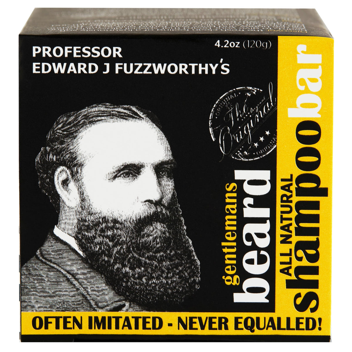 Professor Fuzzworthy's front packaging shows 120g beard shampoo bar and eco benefits