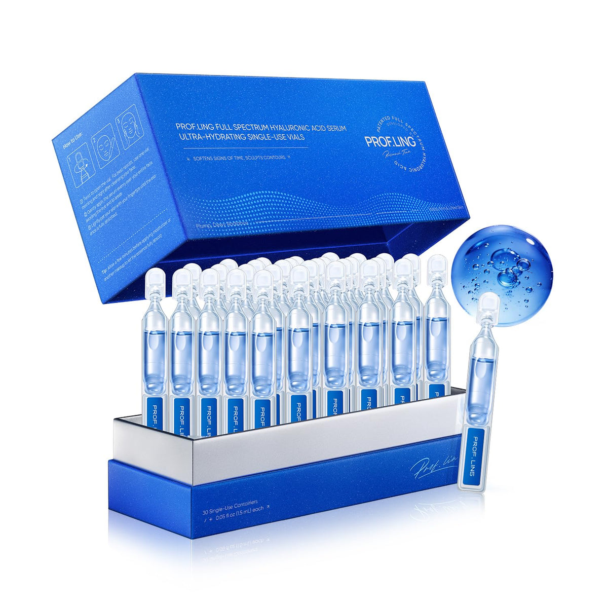 PROF.LING front packaging of 30 single-use vials showing hygienic design and benefits