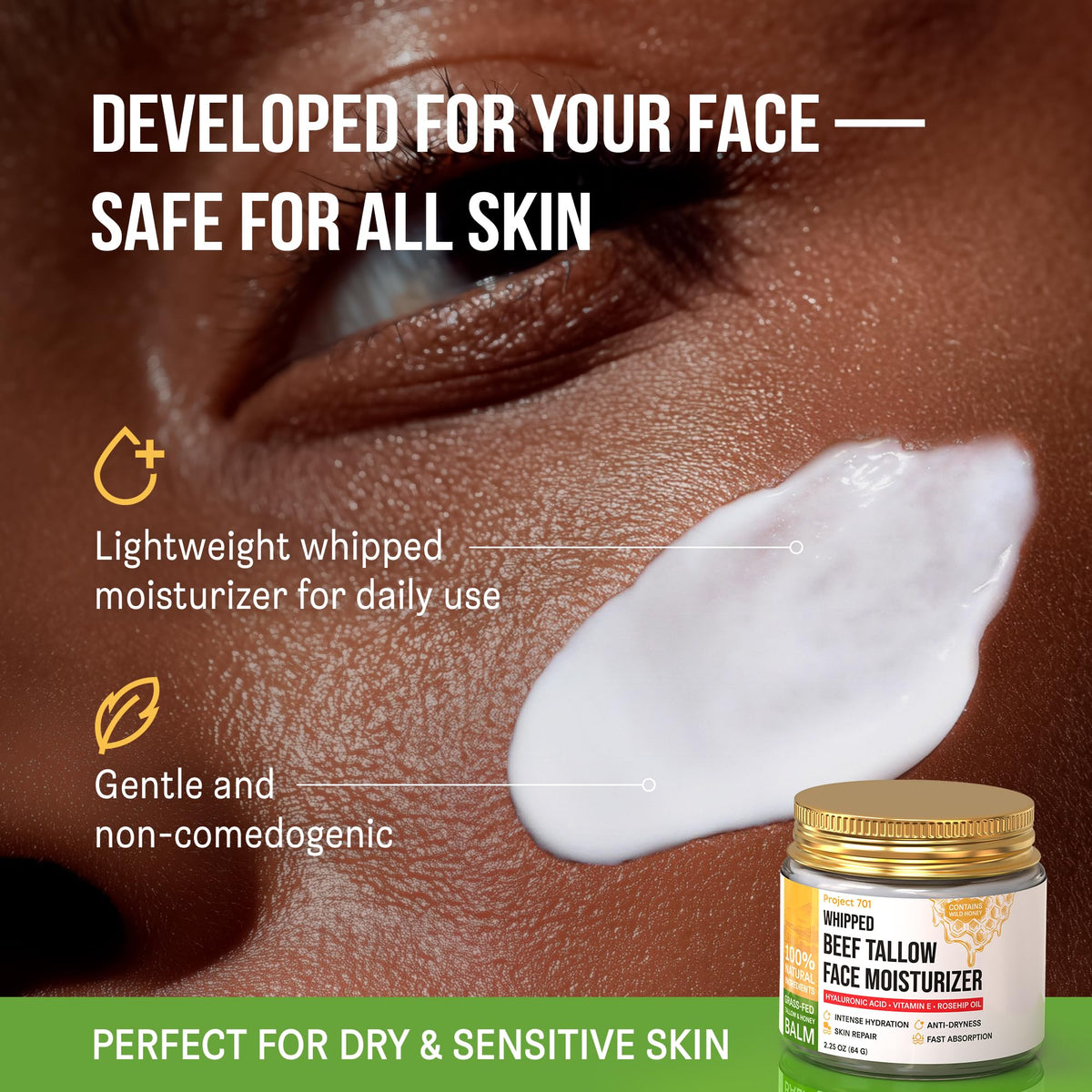 PROJECT 701 close-up texture of balm showing smooth absorbent finish benefit fast absorption
