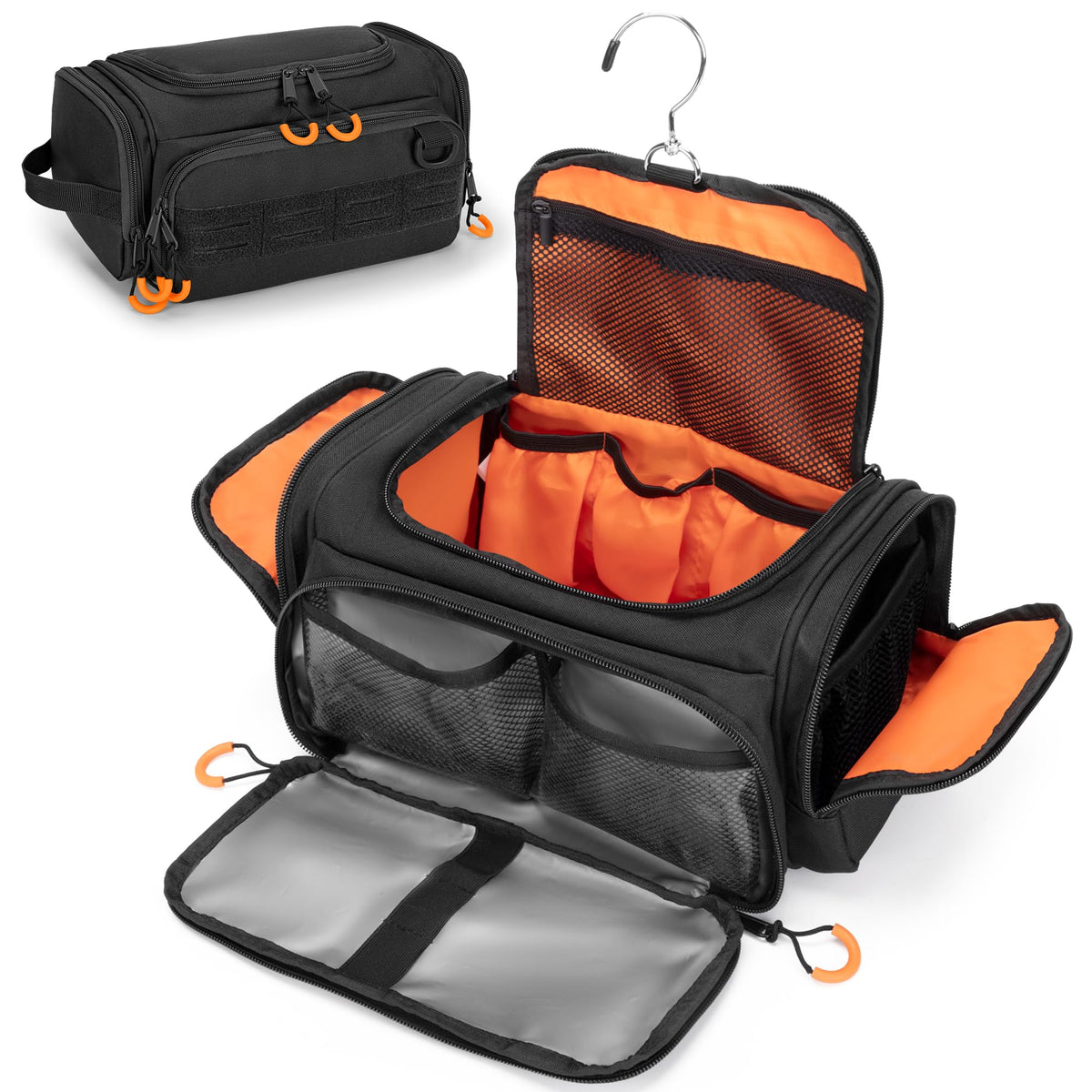 Prokva front view of hanging toiletry bag showing compact design and quick access