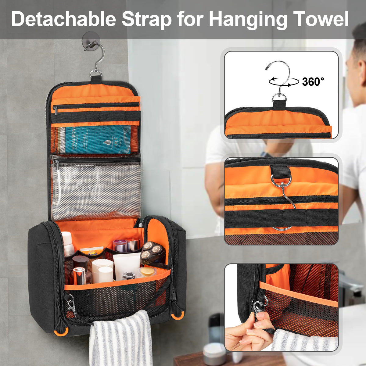 Prokva swivel hook hanging on a towel rack for hands-free access and space-saving benefit