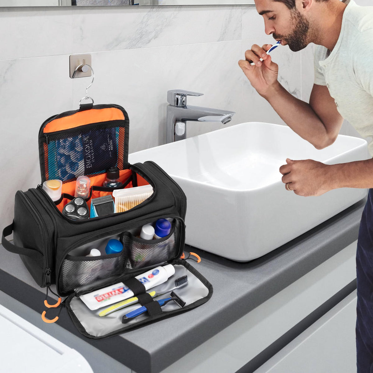 Prokva hanging in bathroom showing real-world travel and camping usability