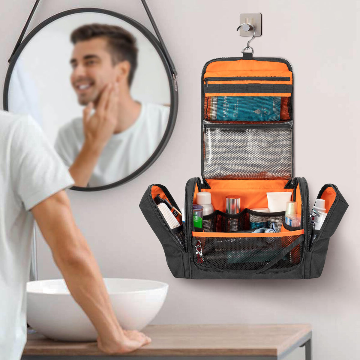 Prokva lifestyle image in a bathroom showing hanging dopp kit ready for travel convenience benefit
