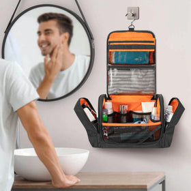 Prokva lifestyle image in a bathroom showing hanging dopp kit ready for travel convenience benefit