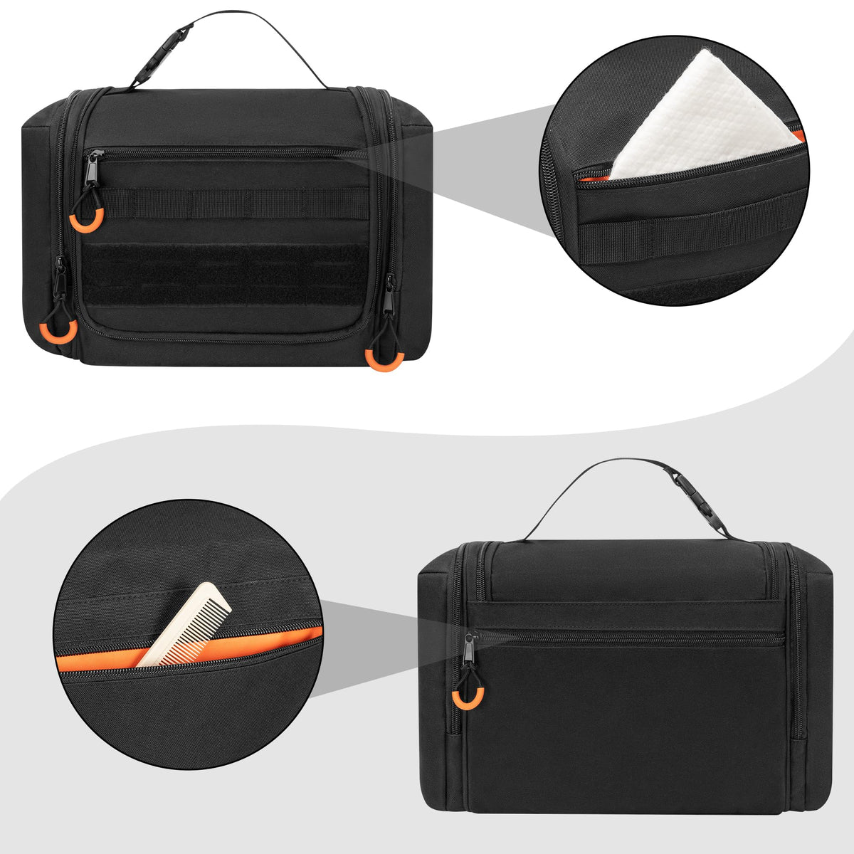 Prokva side view with elastic loops holding toothbrushes and clippers for neat secure storage benefit