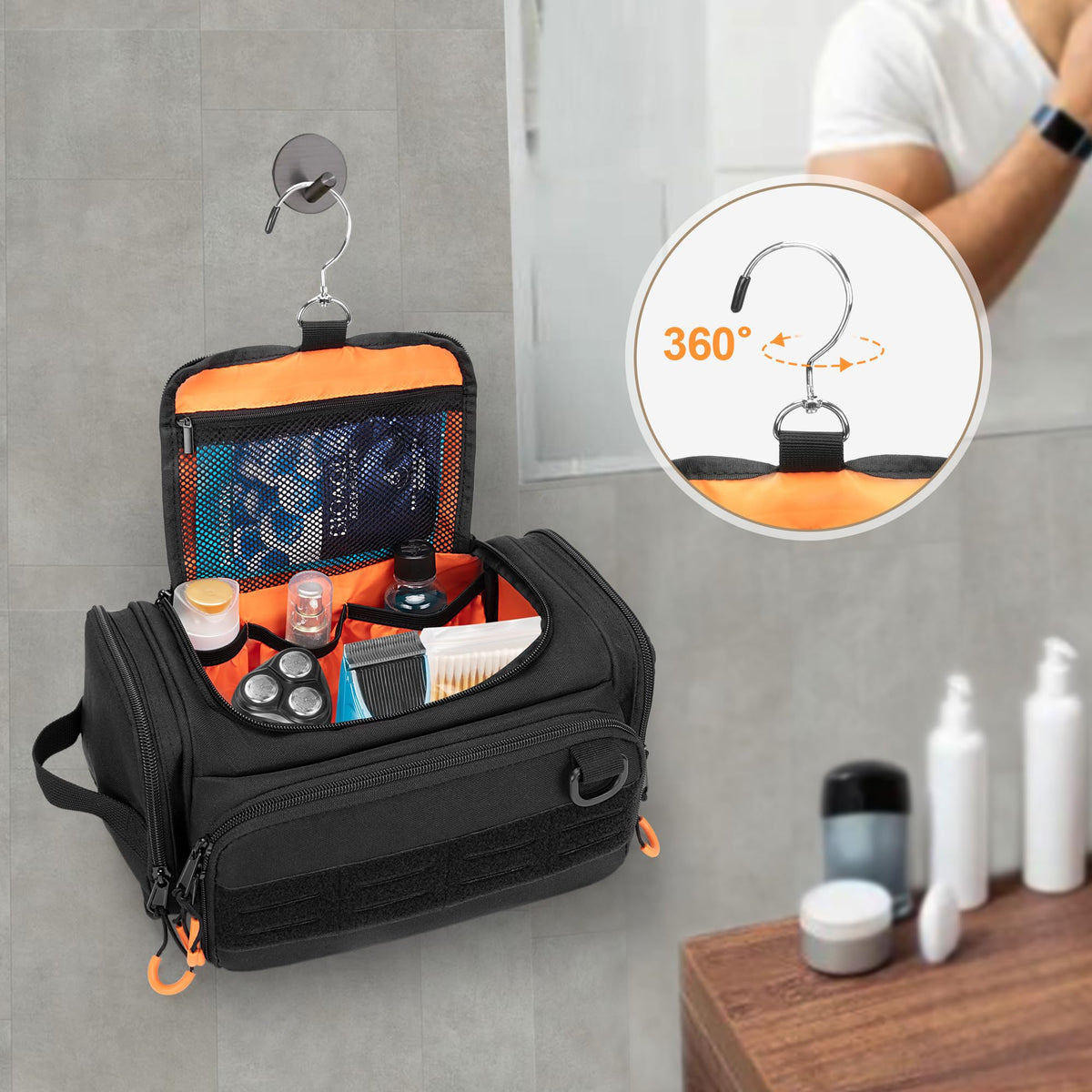 Prokva 360-degree swivel hook hung on towel rack for hands-free access
