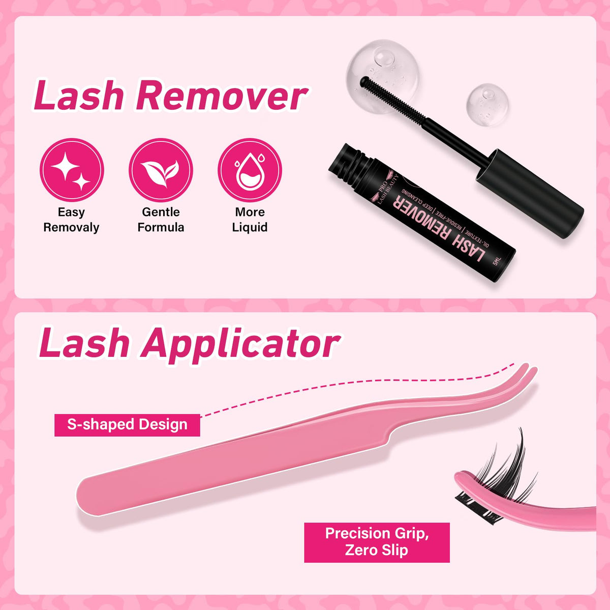 PRO LASHBEAUTY remover bottle next to tweezers highlighting gentle, safe removal