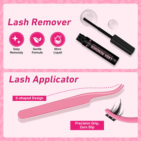 PRO LASHBEAUTY remover bottle next to tweezers highlighting gentle, safe removal