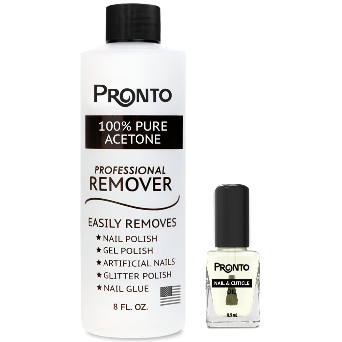 Pronto front bottle showing 8 oz acetone and product benefit quick removal
