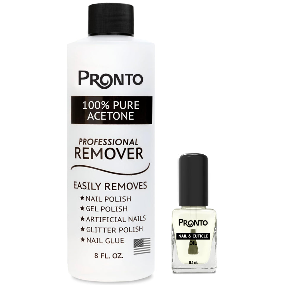Pronto front bottle showing 8 oz acetone and product benefit quick removal
