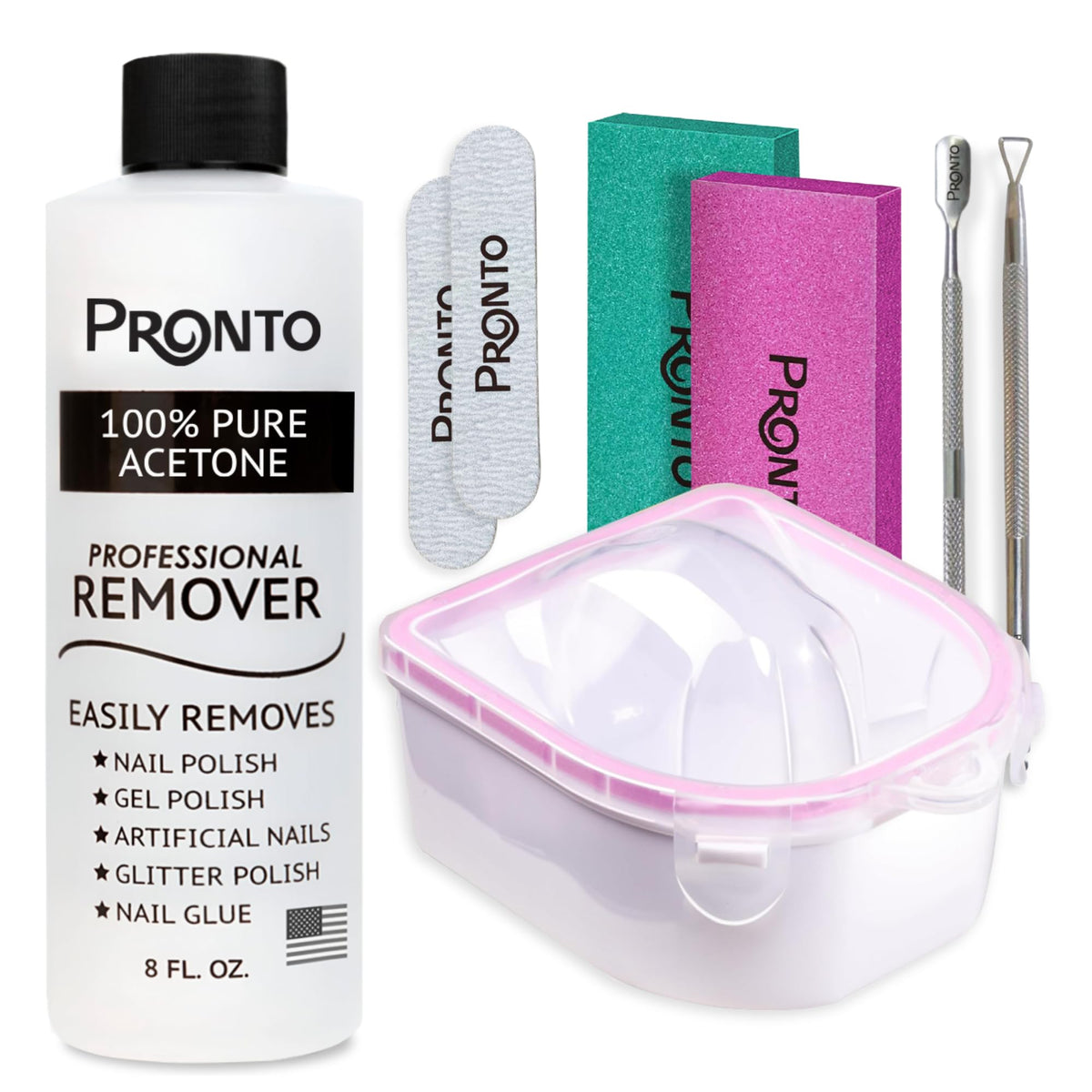 Pronto bottle front packaging showing clear acetone and brand for fast removal