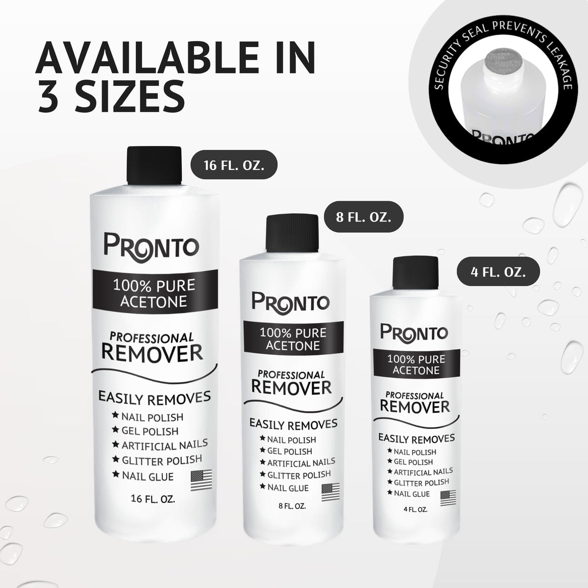 Pronto bottle cap and safety seal detail, communicating secure storage and purity benefit