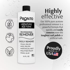 Close-up of Pronto acetone liquid pouring, showing fast-dissolving action benefit