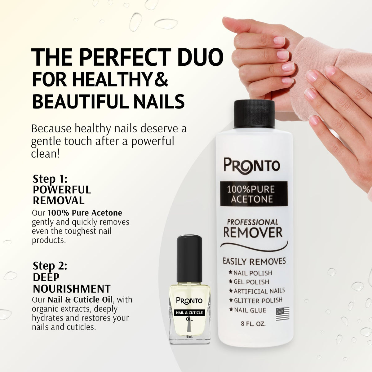Pronto cuticle oil bottle label highlighting nourishment and conditioning