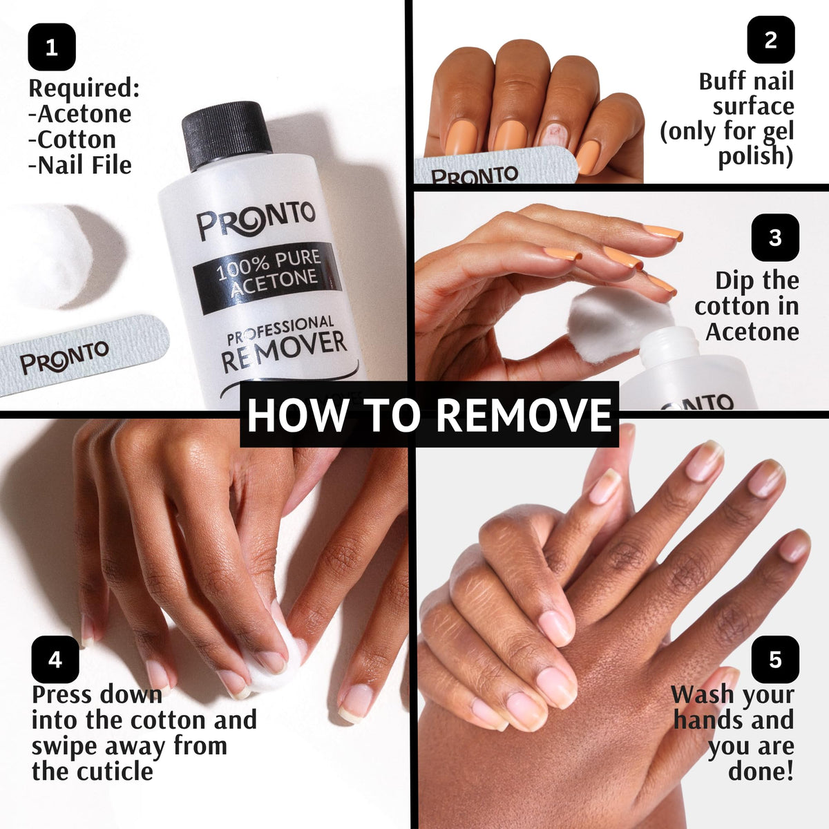 Pronto acetone used with foil-wrapped nail, showing effective soak-off removal benefit