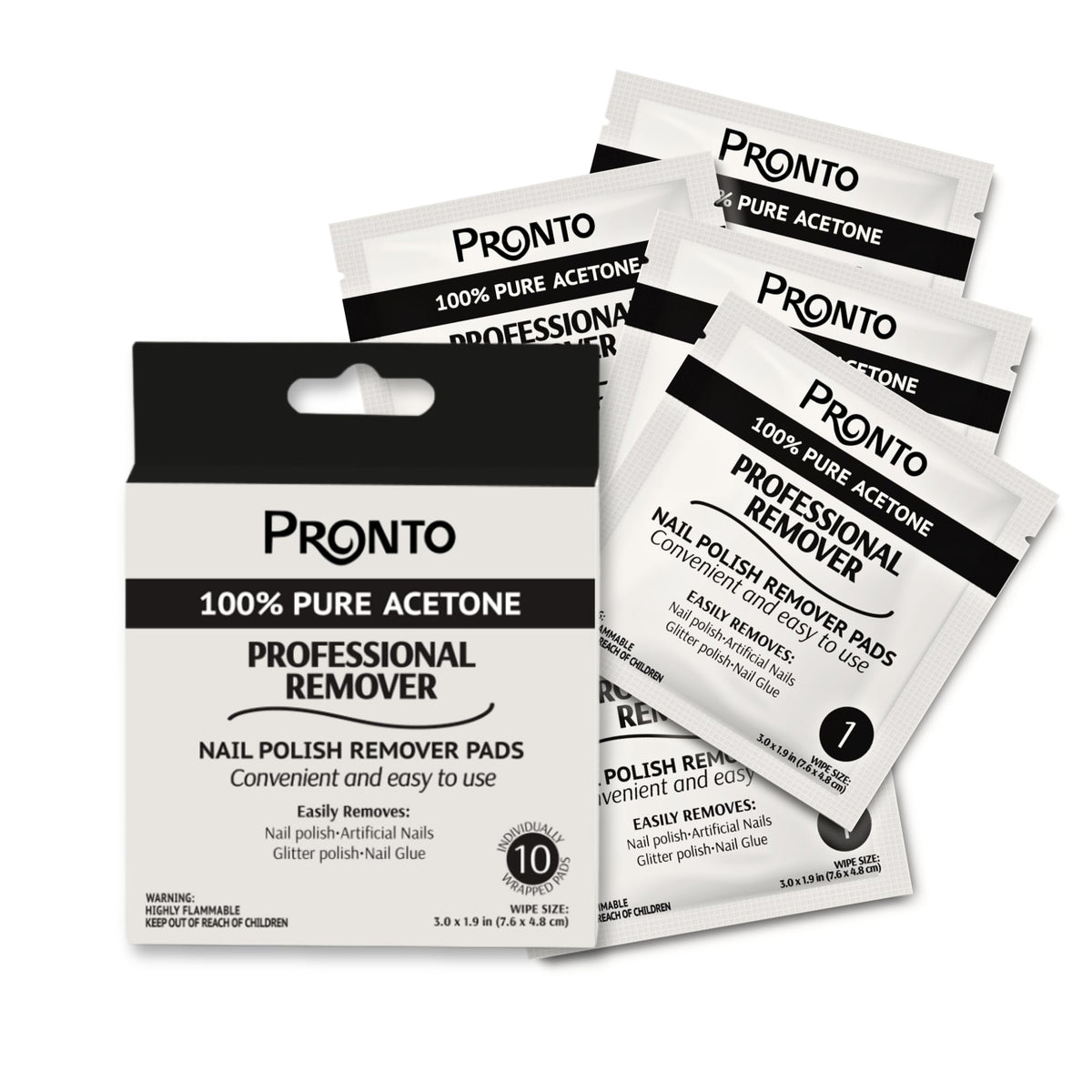 Pronto front packaging showing 10 individually wrapped acetone nail remover pads for fast removal
